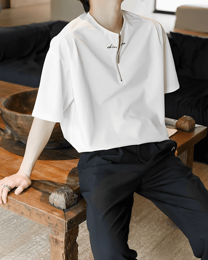 Collarless half zip T-shirt