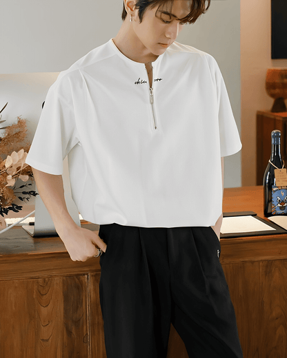 Collarless half zip T-shirt